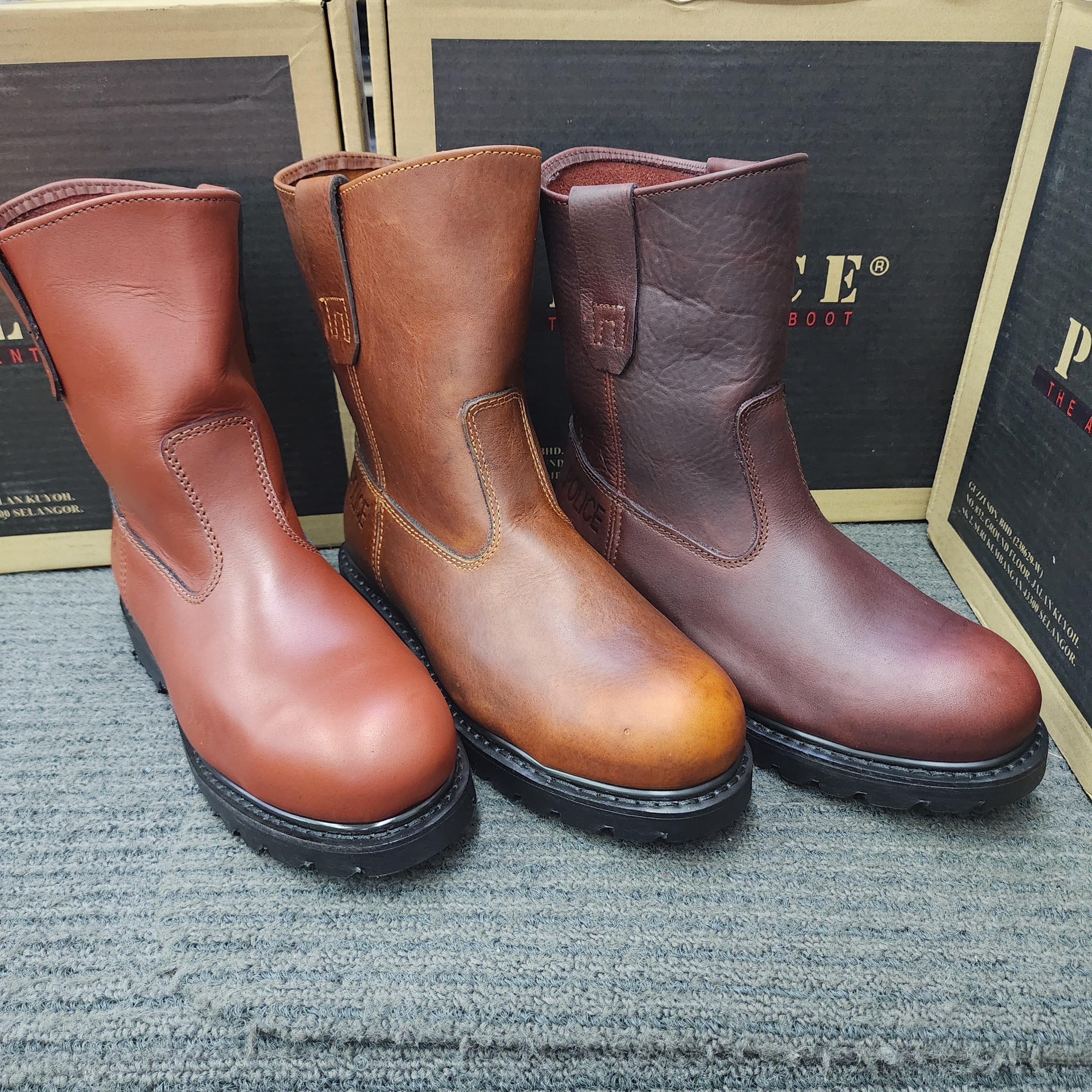 POLICE SAFETY SHOES 9123 HIGH CUT FULL LEATHER MAROON DARK MAROON BROWN BLACK GOODYEAR WELT SIRIM DOSH Kasut Keselamatan