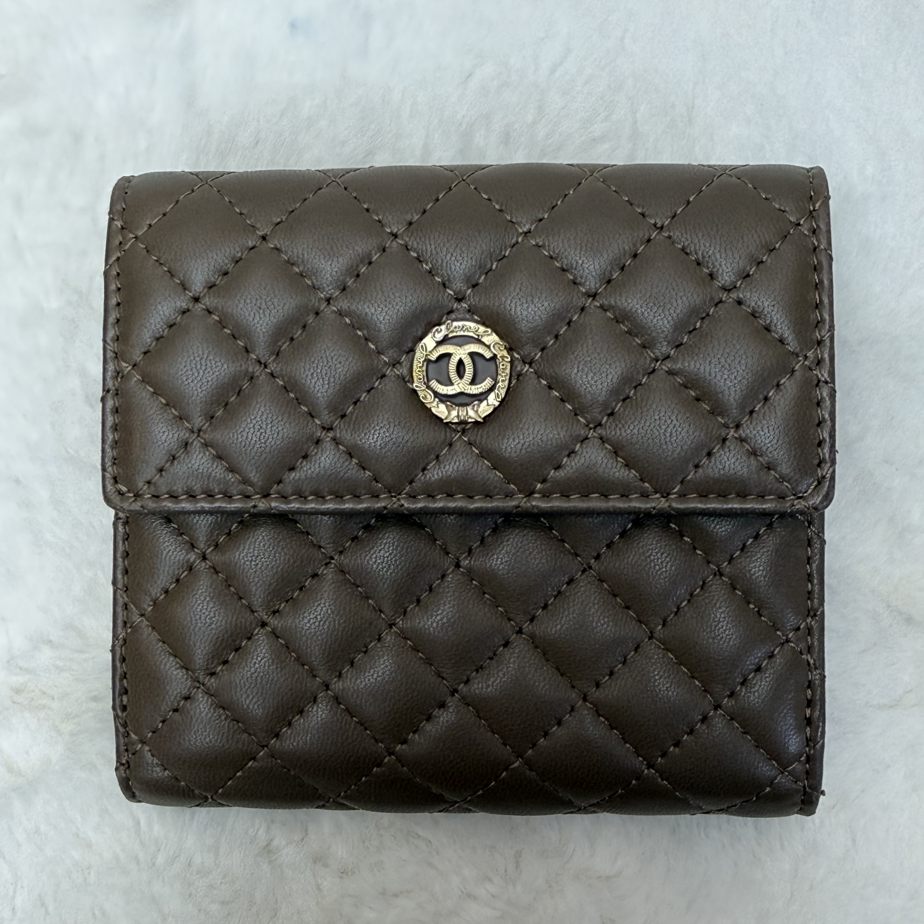 CHANEL香奈兒卡包 方形半口蓋錢包 駝色金扣 菱格紋羊皮零錢包 