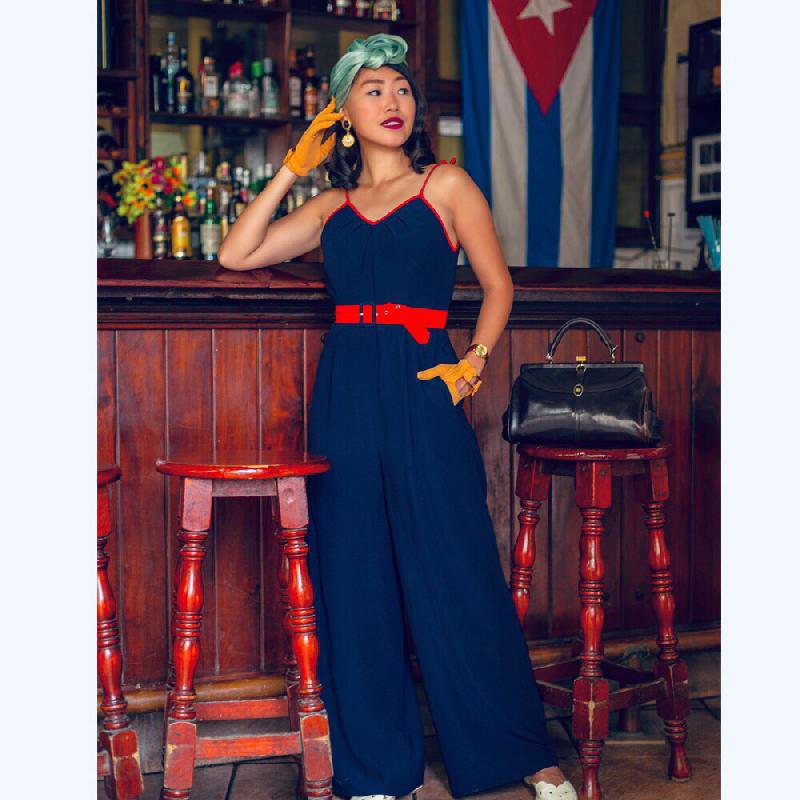 SOLD OUT 1940s Spaghetti Strap Patriotic Jumpsuit with Belt(FM111)