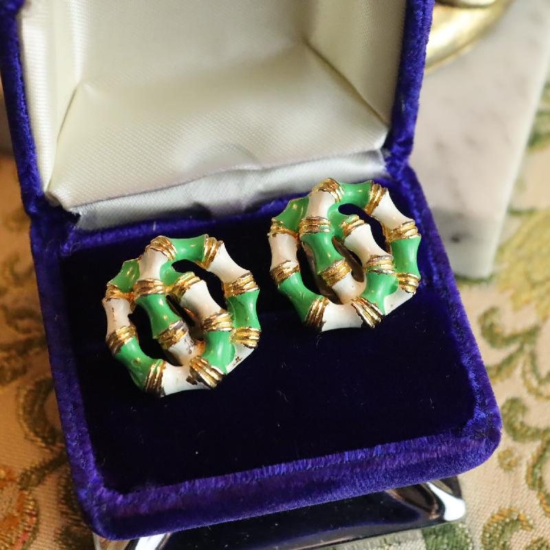 C.a. 1950-60s Green & White Nautical Double Ring Clip Earrings from Germany (MZ061)