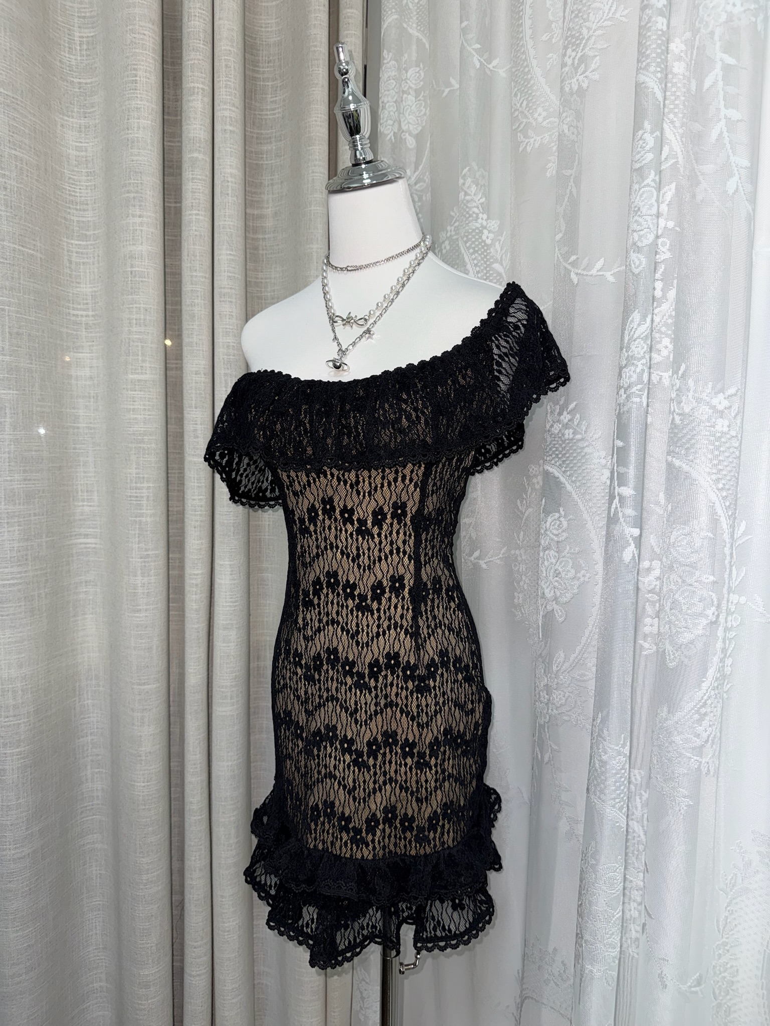 3-Way Wear Off-Shoulder Black Lace Overlay Dress