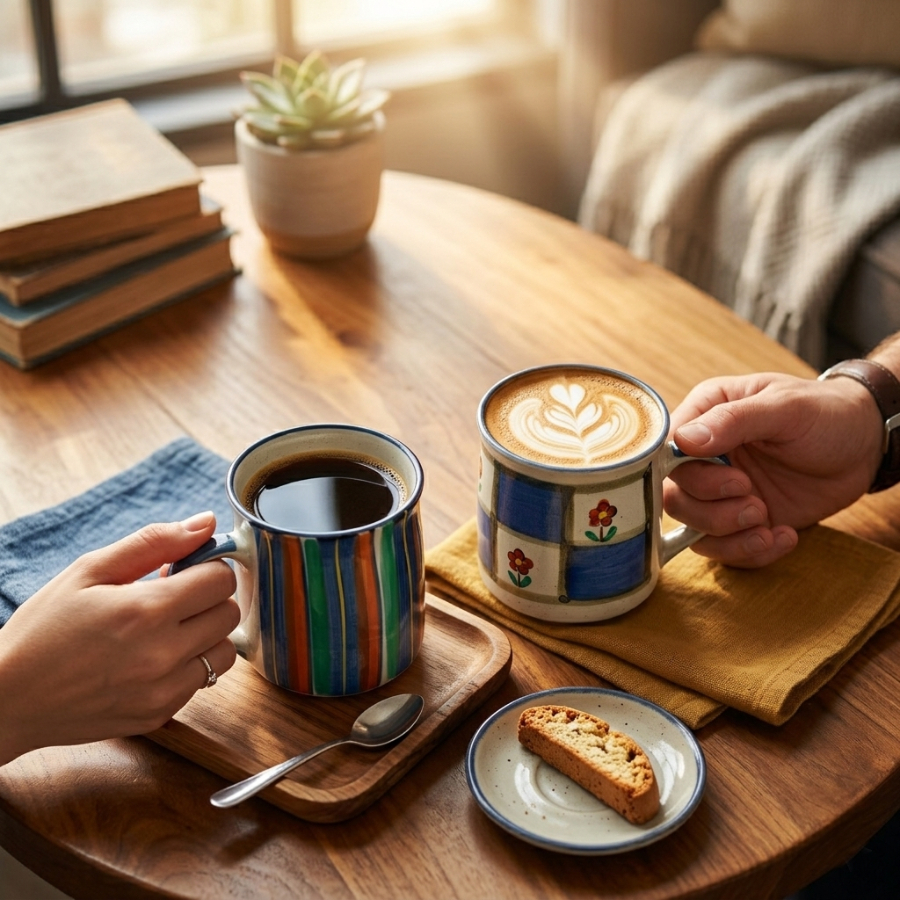 【日本製】美濃燒陶瓷條子小花駌鴦馬克杯套裝 (290ml @)