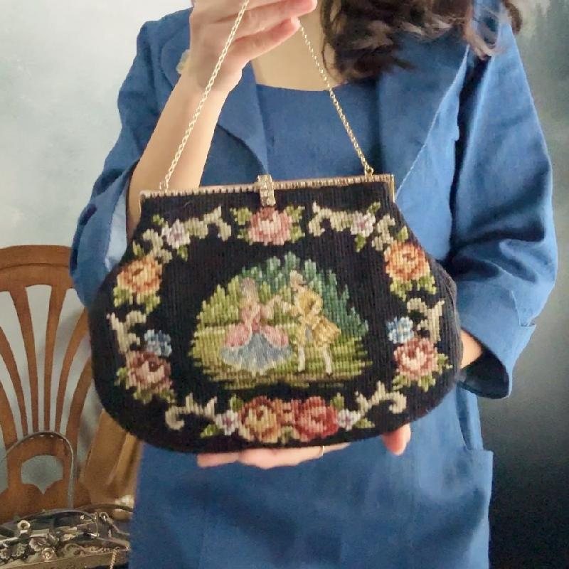 Rare! Courting Couple Needlepoint with Rhinestone Frame Handbag - Missing 2 stitches (MT2505)