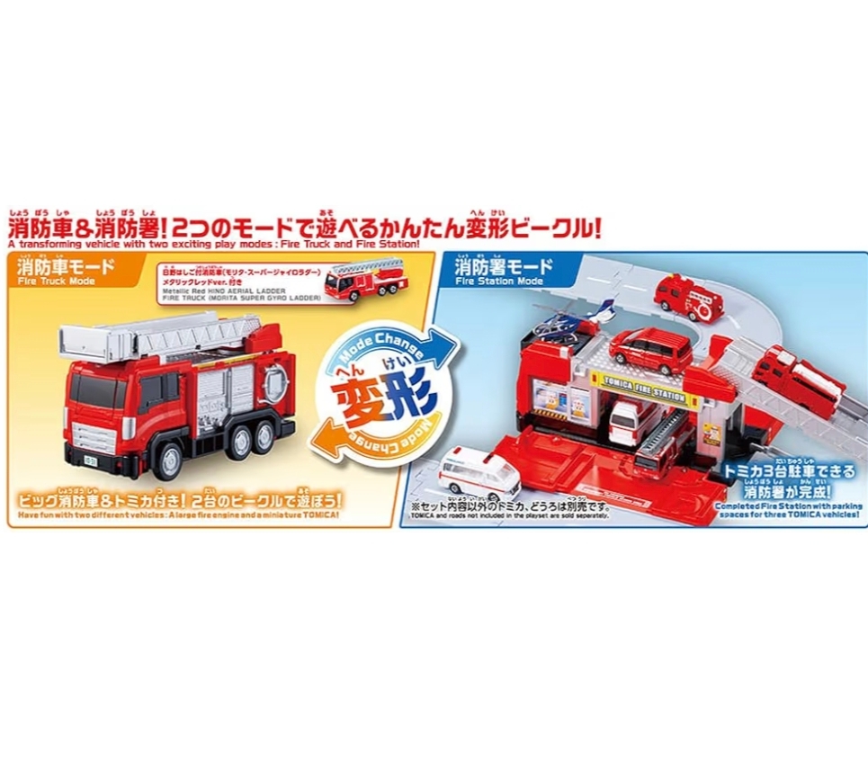 Tomica 變形消防車消防局套裝 TOMICA Vehicle Town Transforming Fire Truck 消防車軌道車庫（內附一輛消防車仔） 日版 TAKARA TOMY 香港現貨