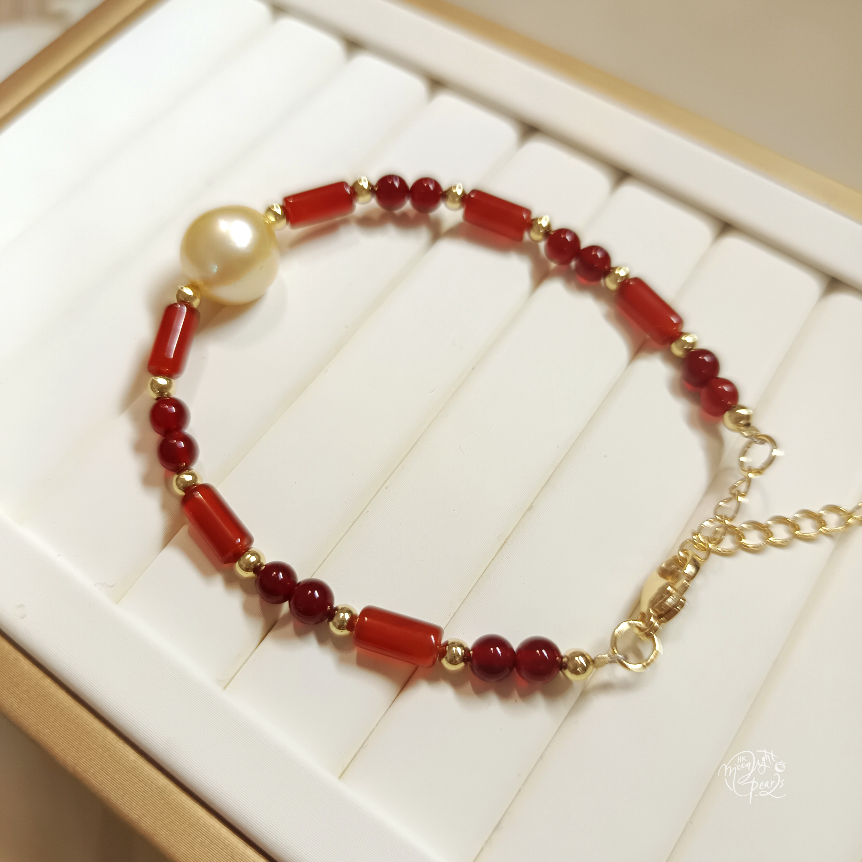 正圓強光南洋海水金珠+天然紅瑪瑙注金愛心尾鍊扣手鍊
