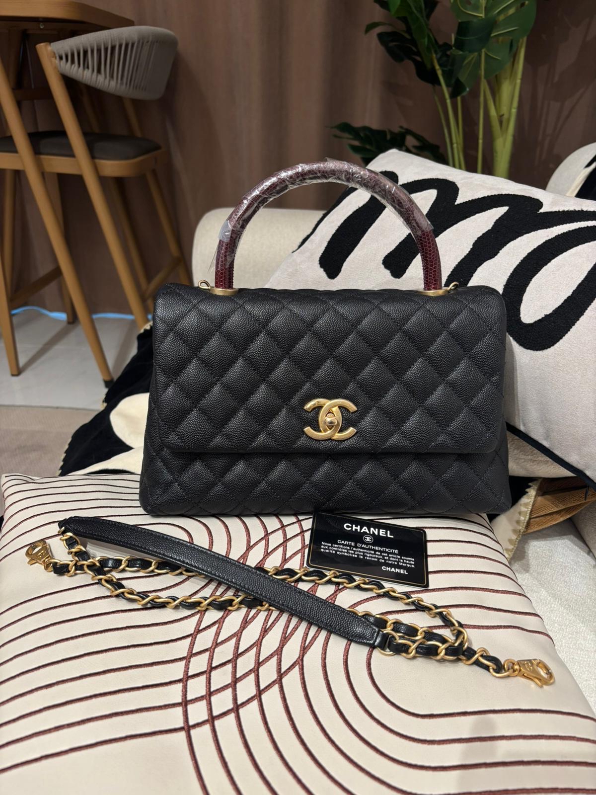 Chanel coco handle Medium 黑色荔枝牛皮金扣蜥蜴皮手柄 100%Authentic, 95%New ✅24Card✅Dust Bag✅Box