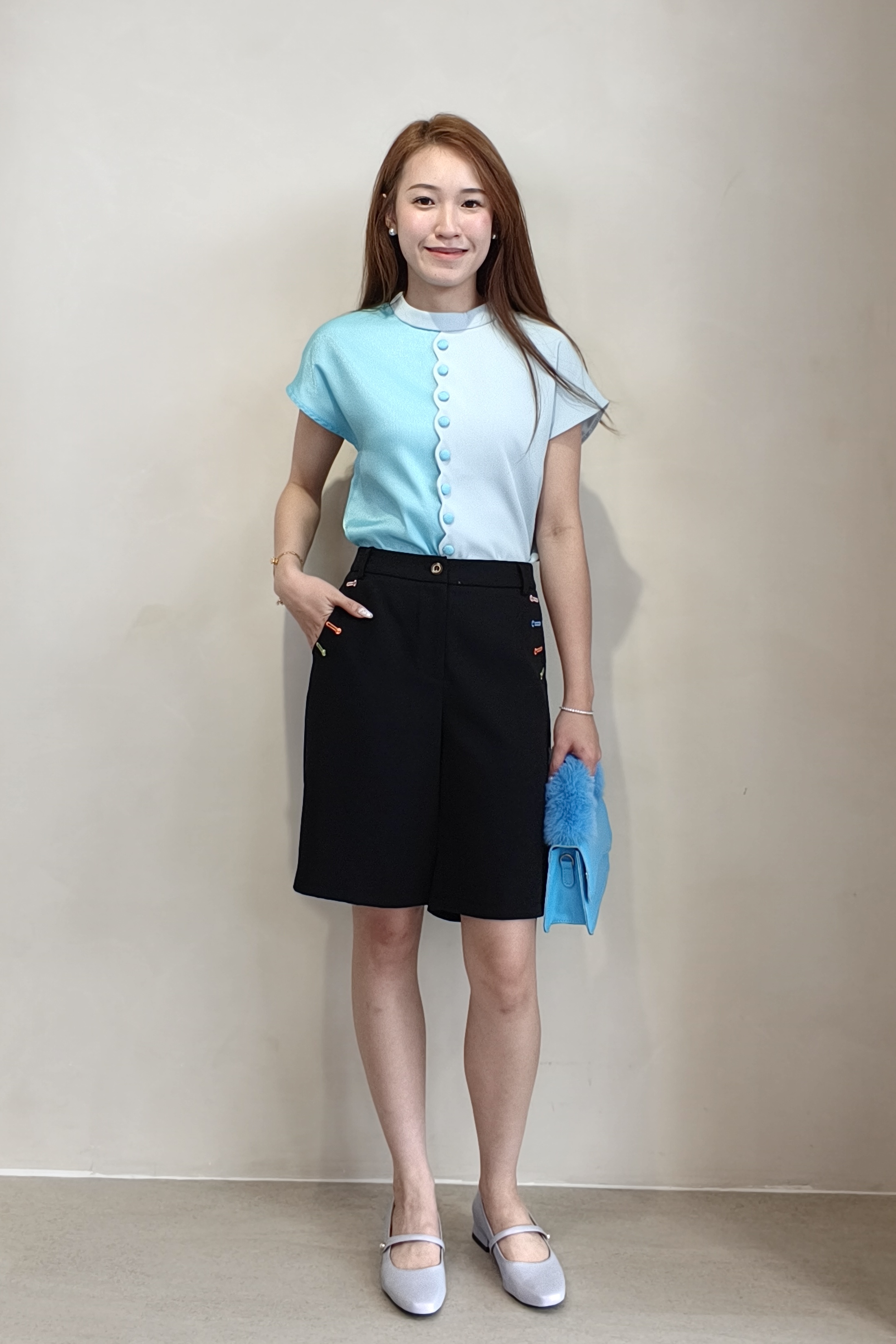 210581 Celeste Contrast Button Satin Blouse