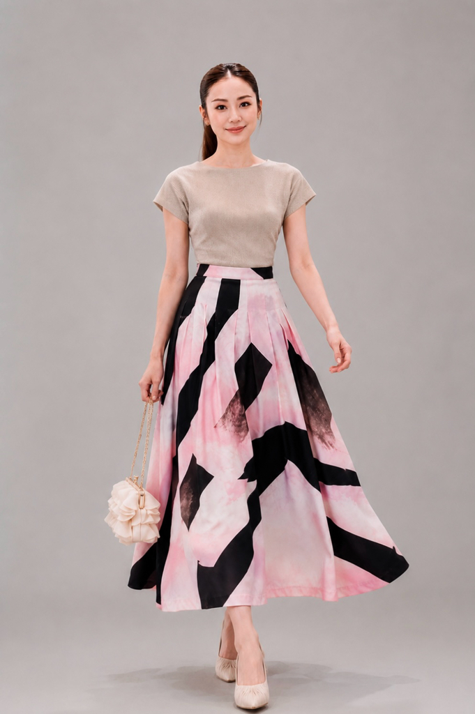 601121 Monochrome Abstract Print Maxi Skirt