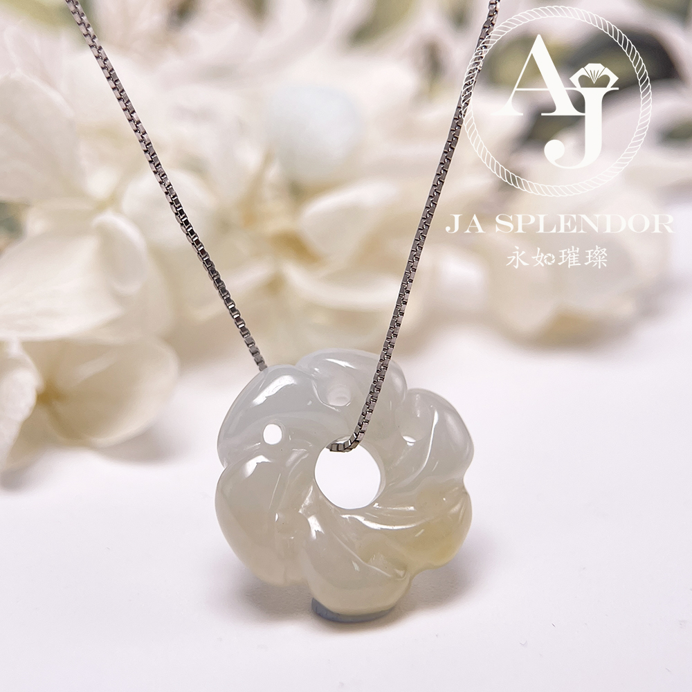 JN-2731 天然翡翠A玉-糖環花開富貴立體雕花吊墜（送銀鏈）
