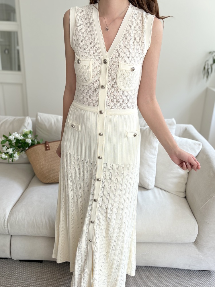 Buttoned Crochet Knit Dress (Ivory)