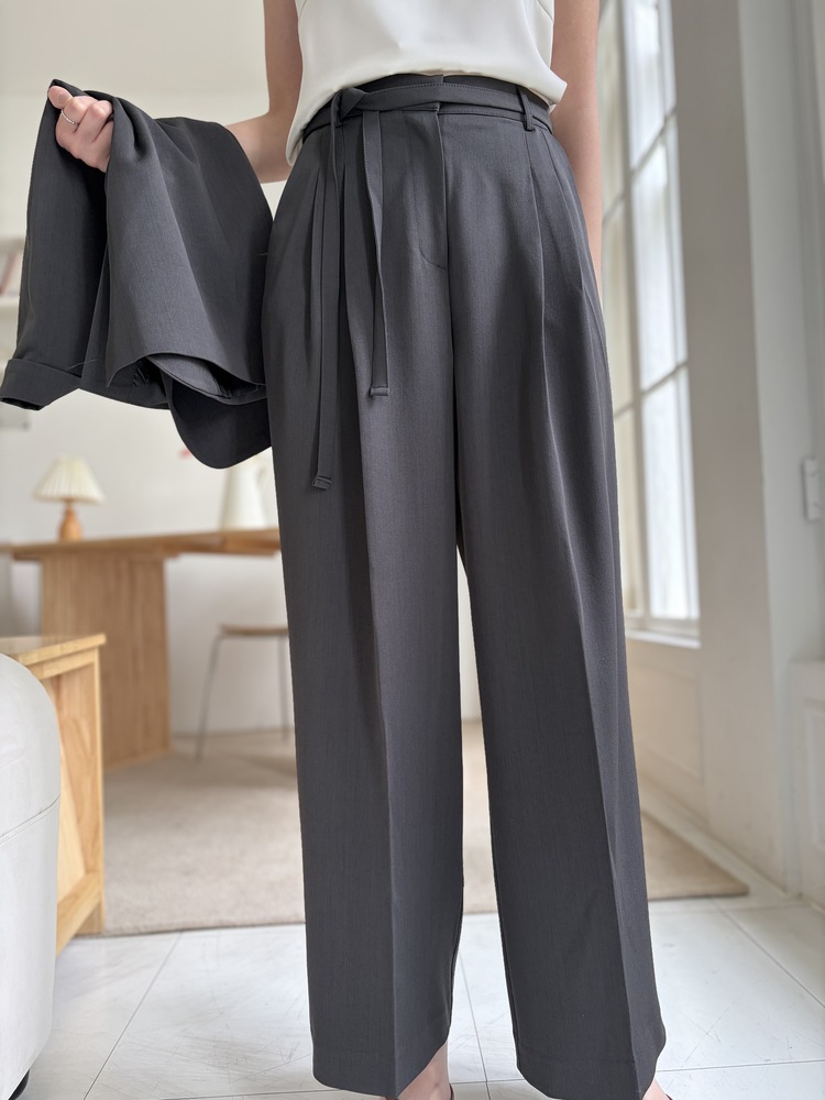 Aveline Belted Straight Slacks (Charcoal)