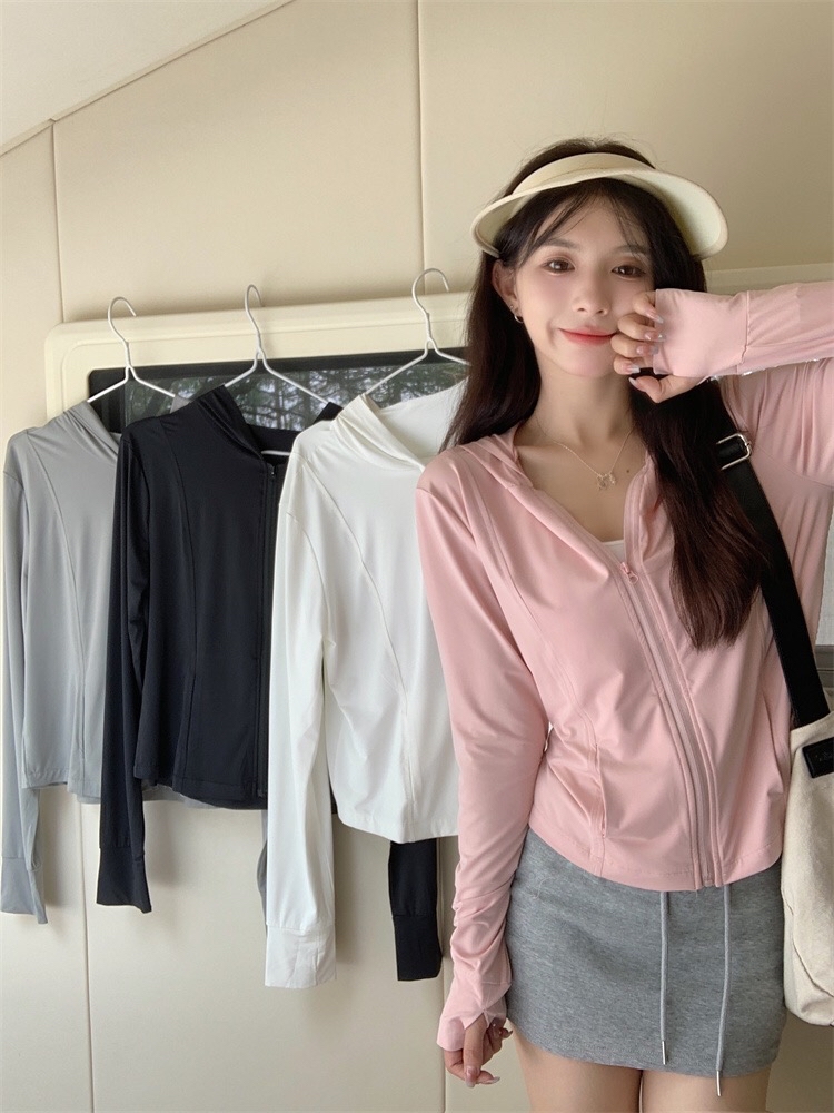 B121(0601) 韩系冰丝防晒休闲风前排拉链连衣帽4色瑜伽服外套上衣