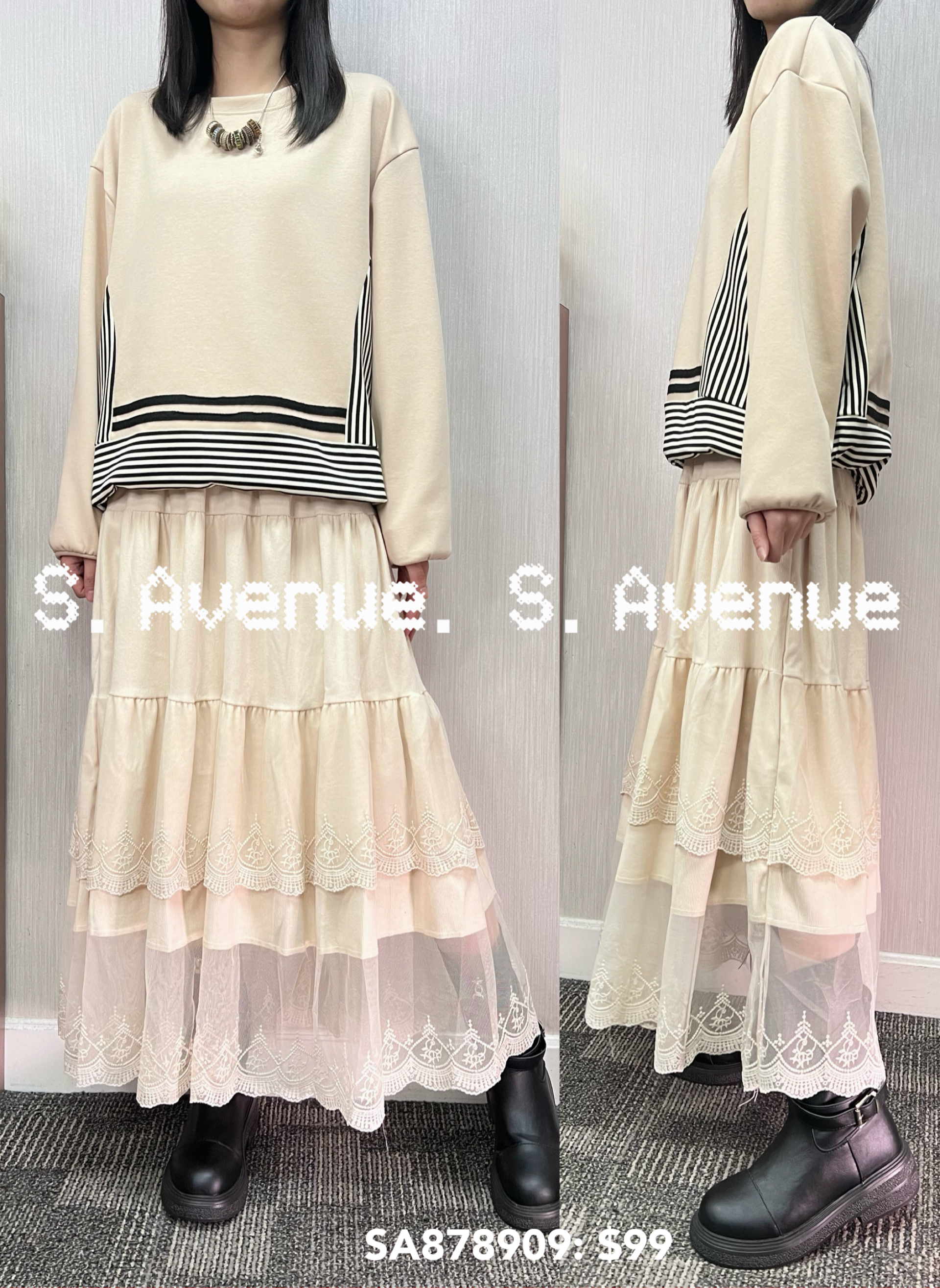 SA878909: 長袖鬆身下拼條子束腳tee