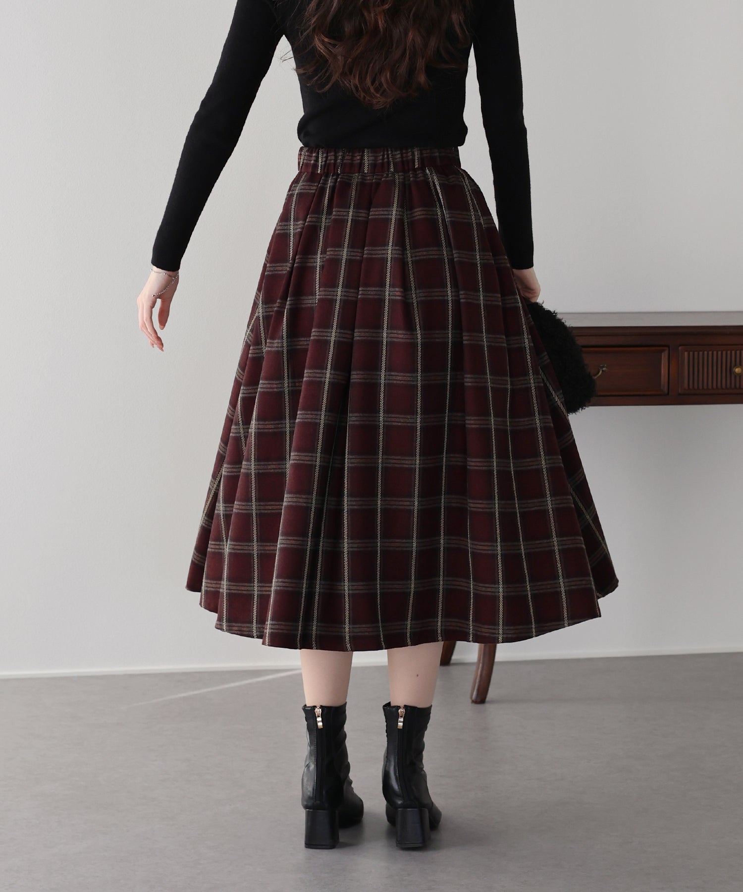 <限量現貨> <JP>復古格紋褶皺中長裙* wine
