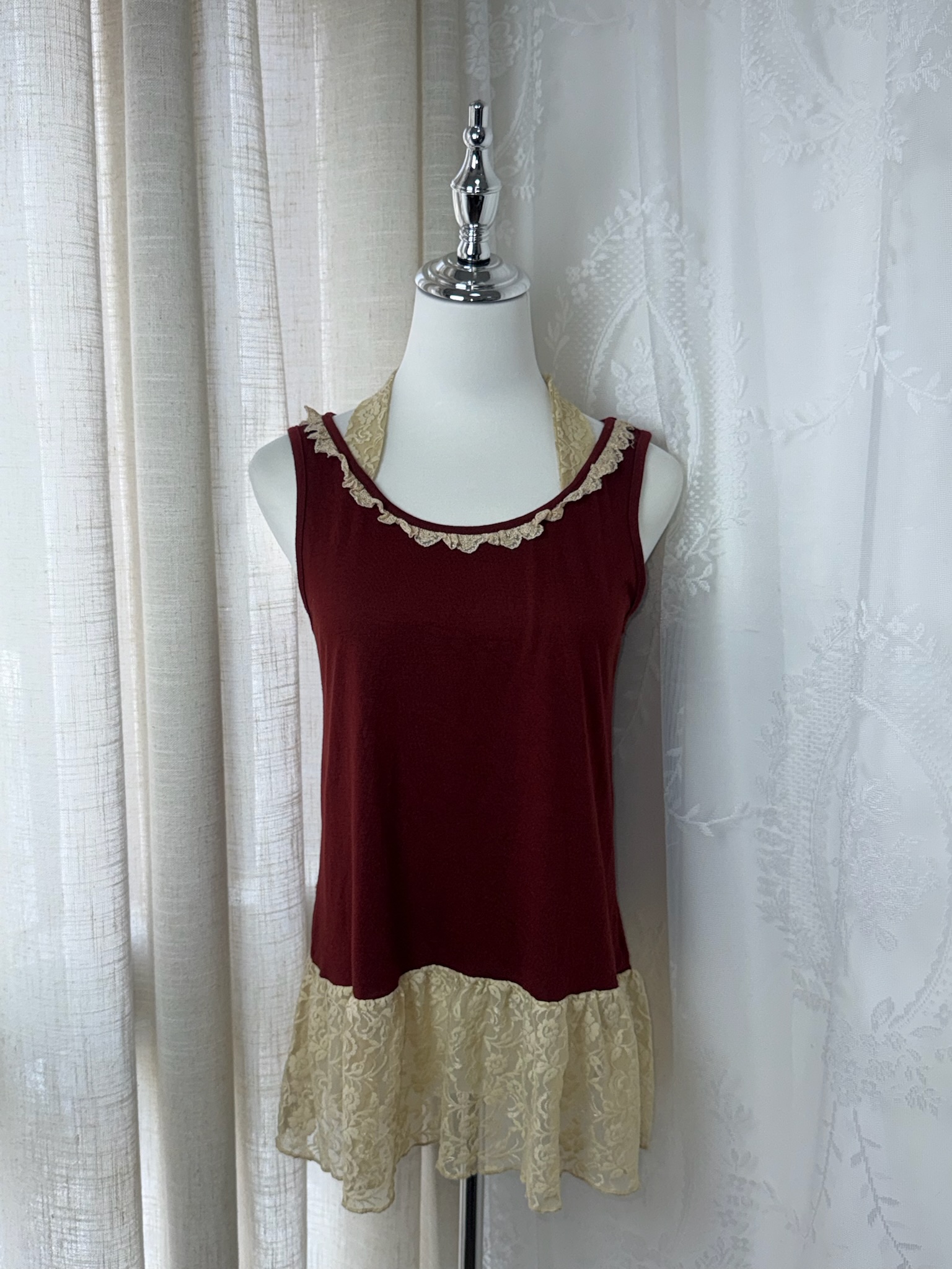 Axes Femme Burgundy Tank Top with Lace Hem