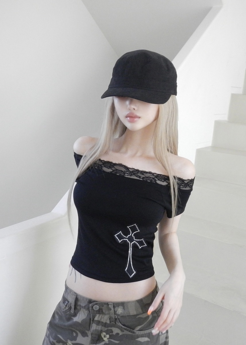 Rhinestone Cross Lace Trim Crop Top
