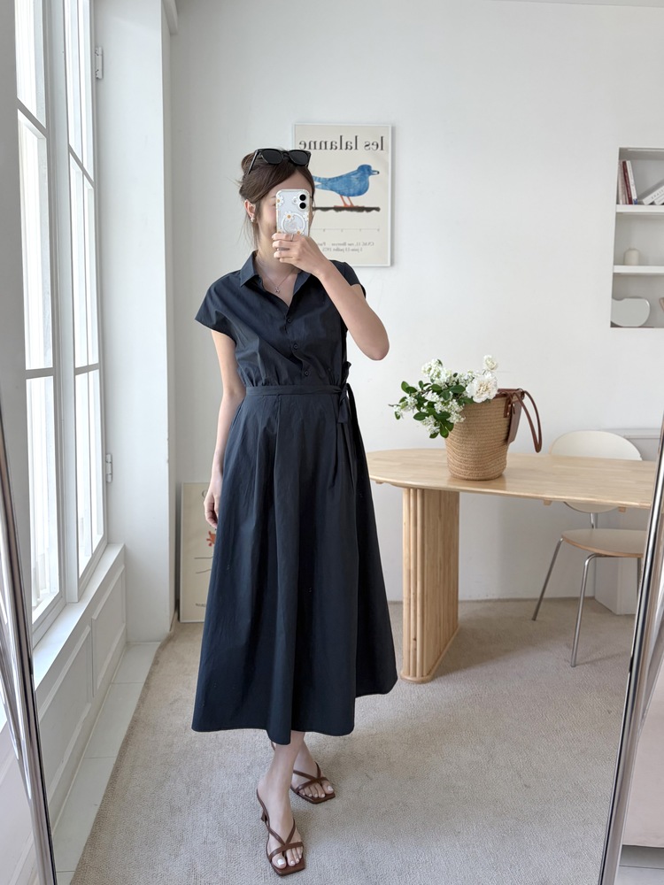 Elasticated Waist Shirt Dress (Navy)