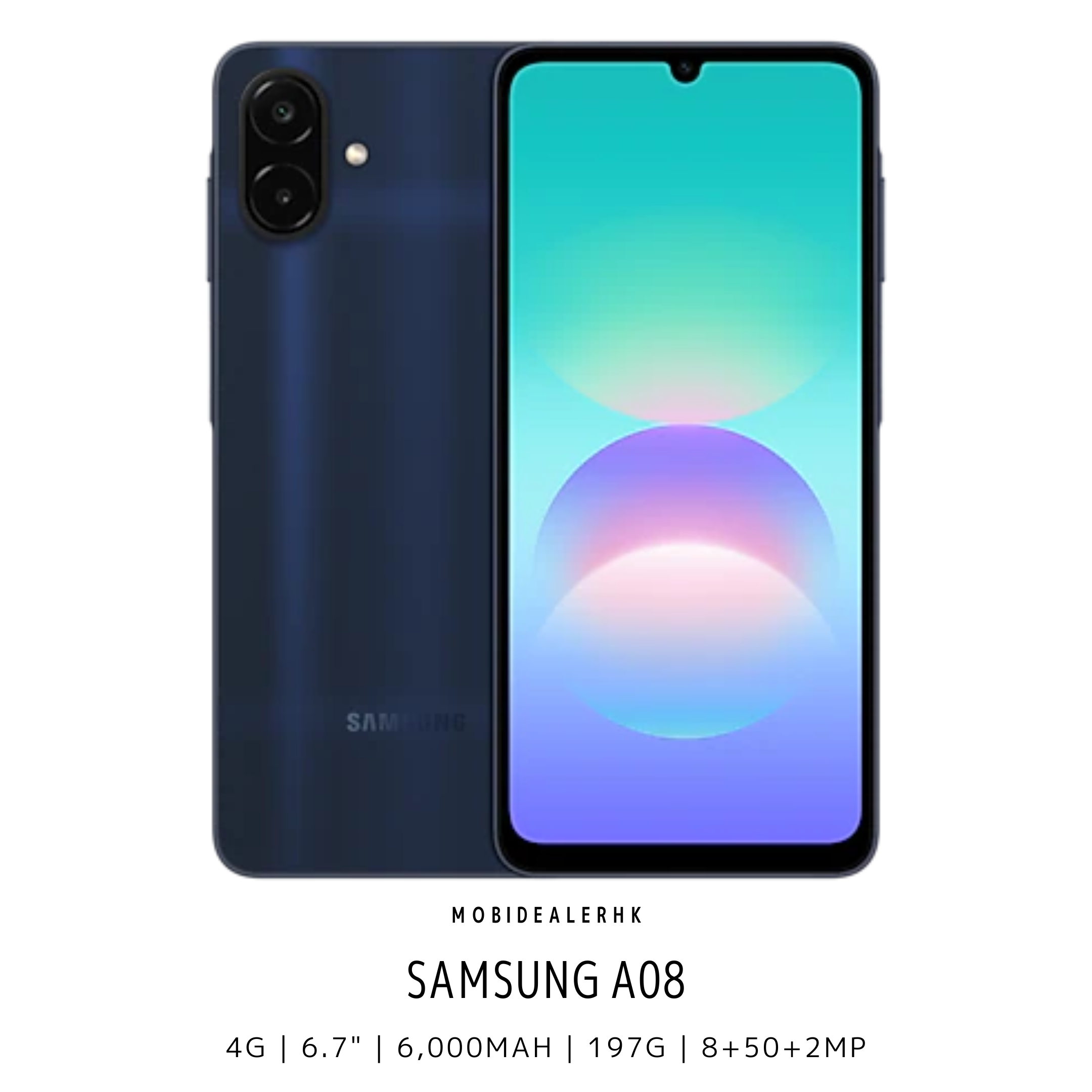 Samsung A08 | 三星 A08 | 4G | 智能手機 | 6.7 吋開闊大螢幕 | 6000mAh 超大電量續航 | 5000 萬像素主鏡頭 | 獨立三卡槽支援 2TB 擴充 | 8.0mm 纖薄手感