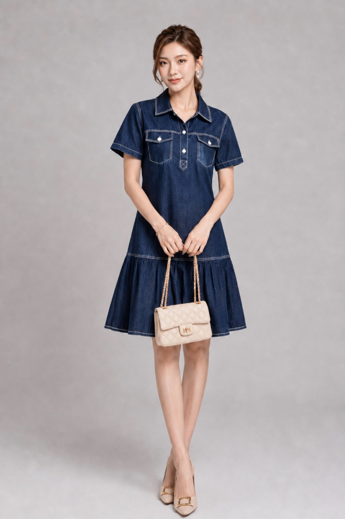 56831 Elegant Denim Flare Hem Shirt Dress