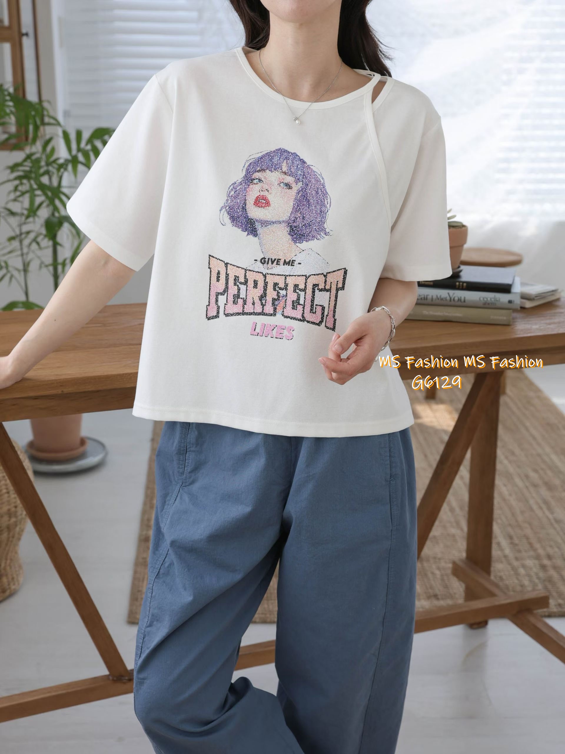 G6129 韓國🇰🇷型格小露肩女仔頭top