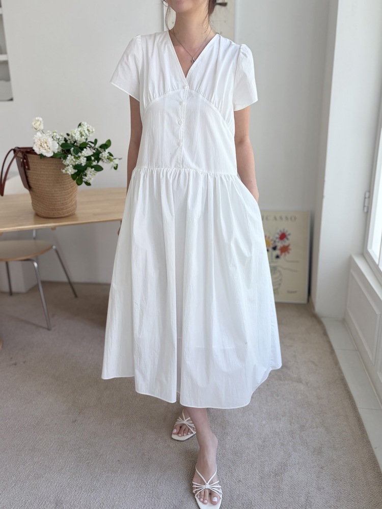 Airy Button Front Long Dress (White)
