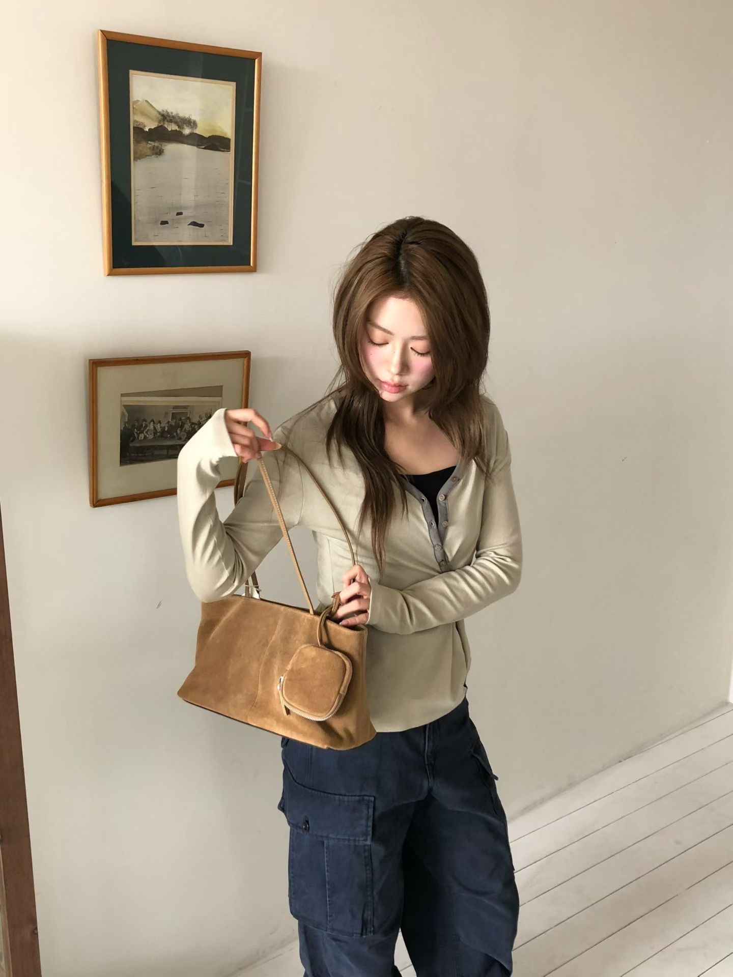 MILAE 復古麂皮牛皮手提單肩包（附同色系拉鏈小包）