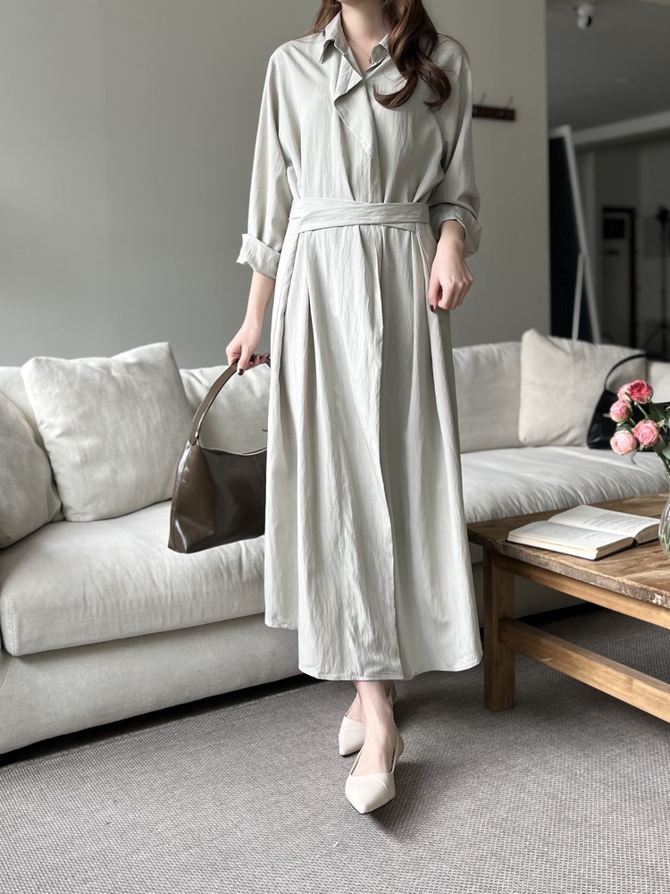 Minimal Belted Shirt Dress (Khaki)