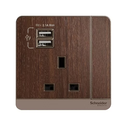 施耐德 AvatarOn 胡桃木 13A單蘇有掣連Type A USB 插座