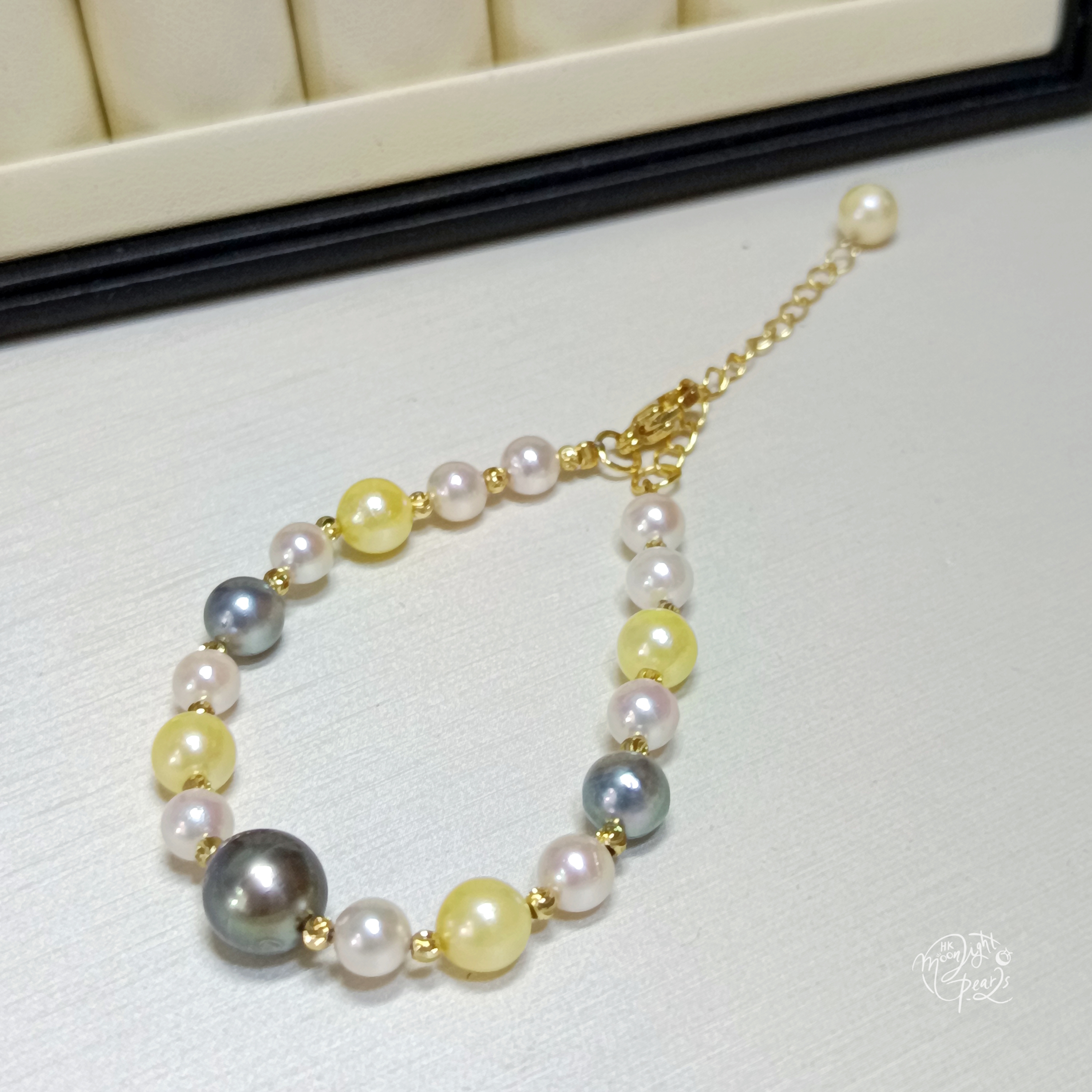 正圓極強光日本akoya 糖果色海水珍珠+大溪地海水珍珠注金尾鍊口手鍊