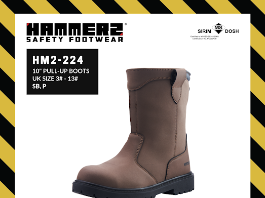 HAMMER2 HM2-224 10INCHES HIGH CUT PULL-UP SAFETY BOOTS SIRIM and DOSH Approved Outdoor Shoes Light Kasut Keselamatan