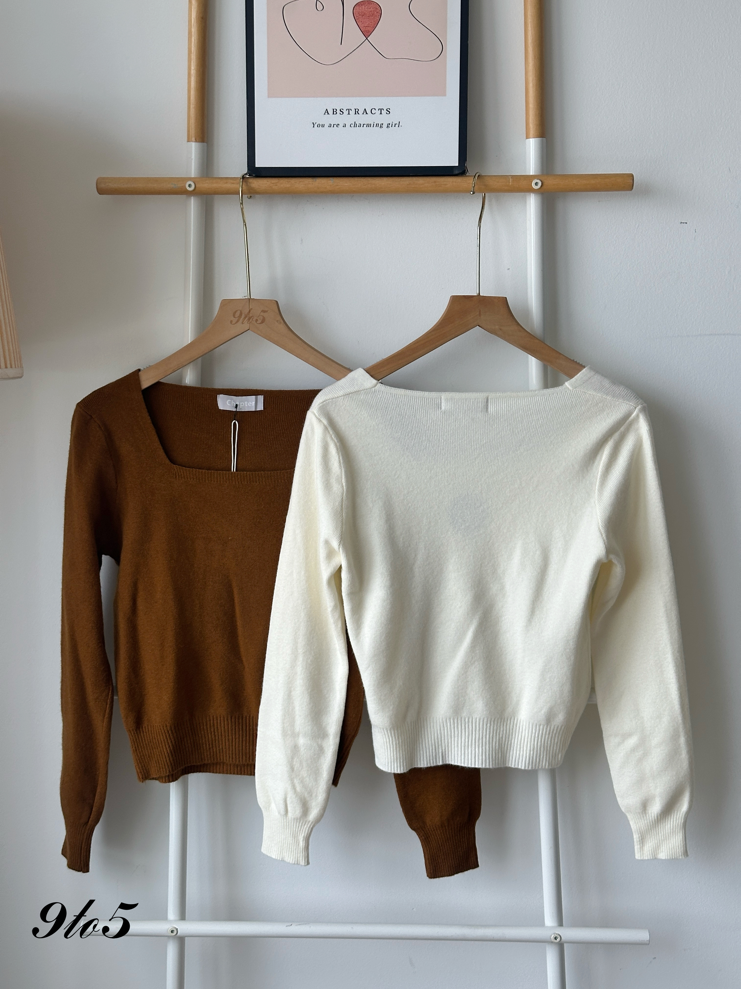 T4136 Square Neck Knit Top - Cream & Golden Brown