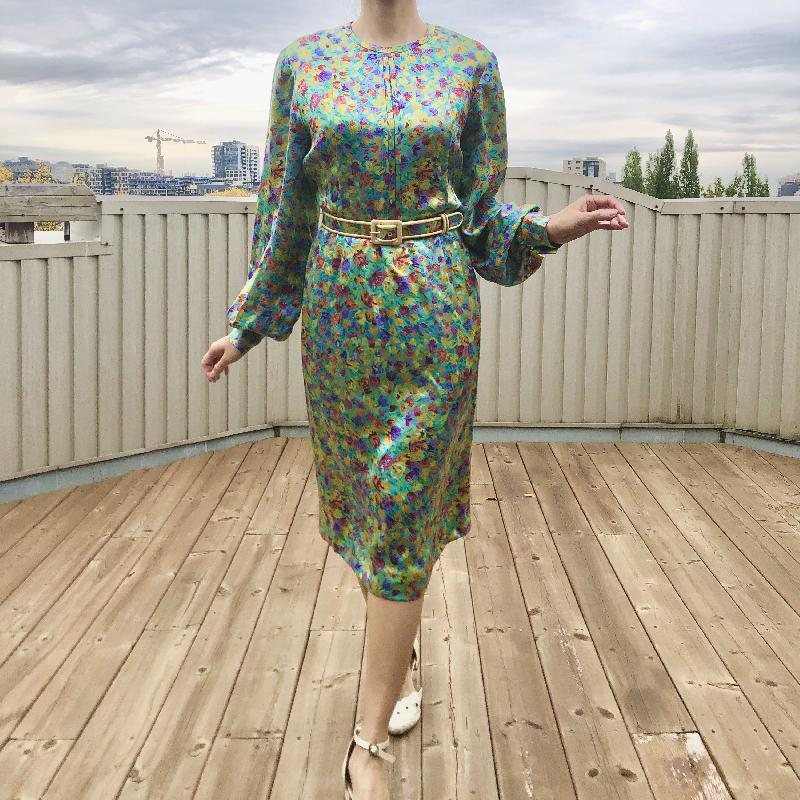 Vintage C.a. 1980s André Laug 100% Silk Made in Italy Floral Dress with original Belt(MT1625)