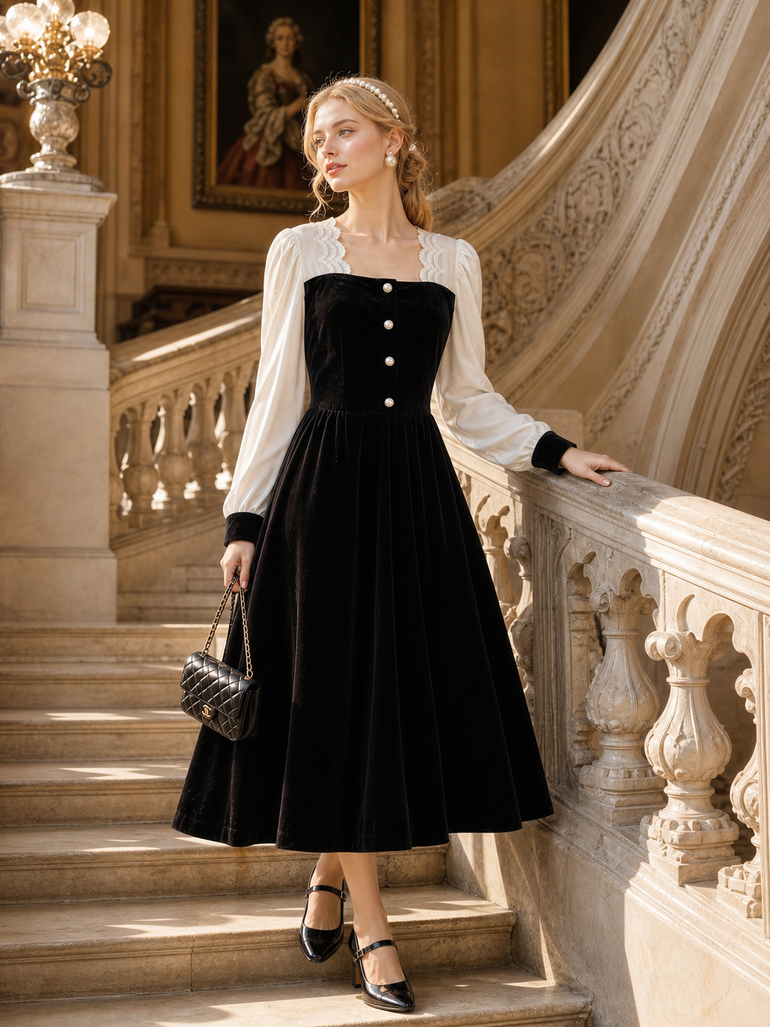 歌劇院的魅影 ∙ 拼接蕾絲方領絲絨長袖連身裙 Phantom of the Opera ∙ Contrast Embroidery Square Neck Velvet Long Sleeve Dress