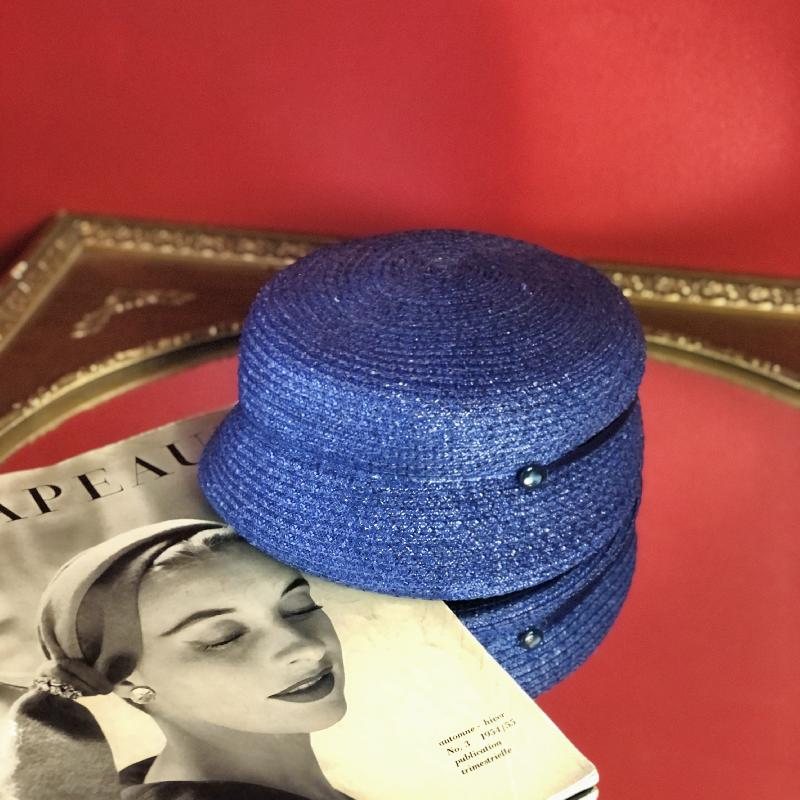 C.a. 1960s Indigo Blue Straw Lady Cap Hat (MT1230)