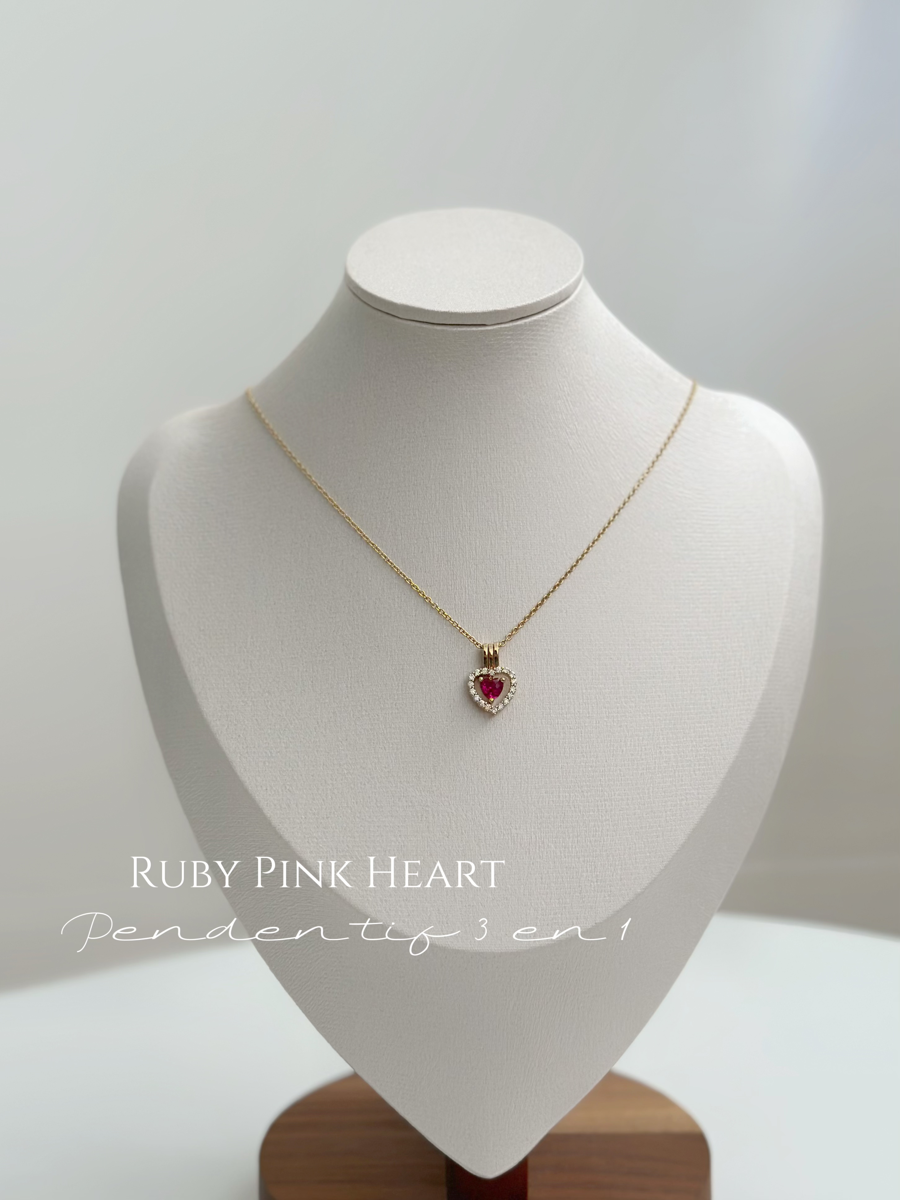 Ruby Pink Heart Necklace Plaqué Or —三種戴法 3 in 1— 