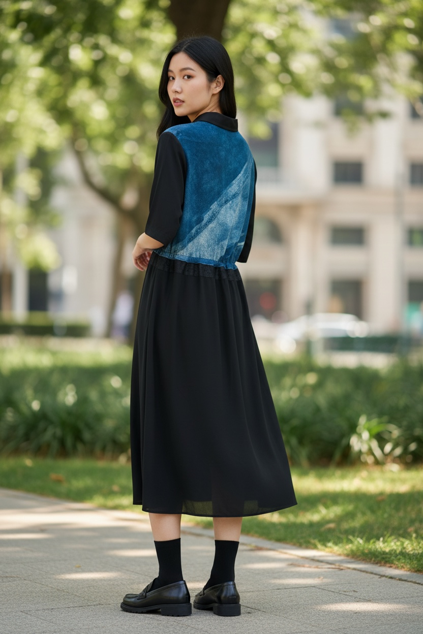 103660 BM 印牛仔雪紡仿兩件連身裙