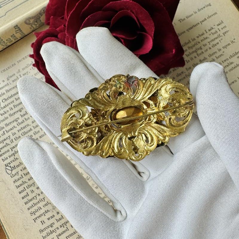 Antique C.a. 1920s Hand-painted Foliage Amber Glass Brooch(NZ035)