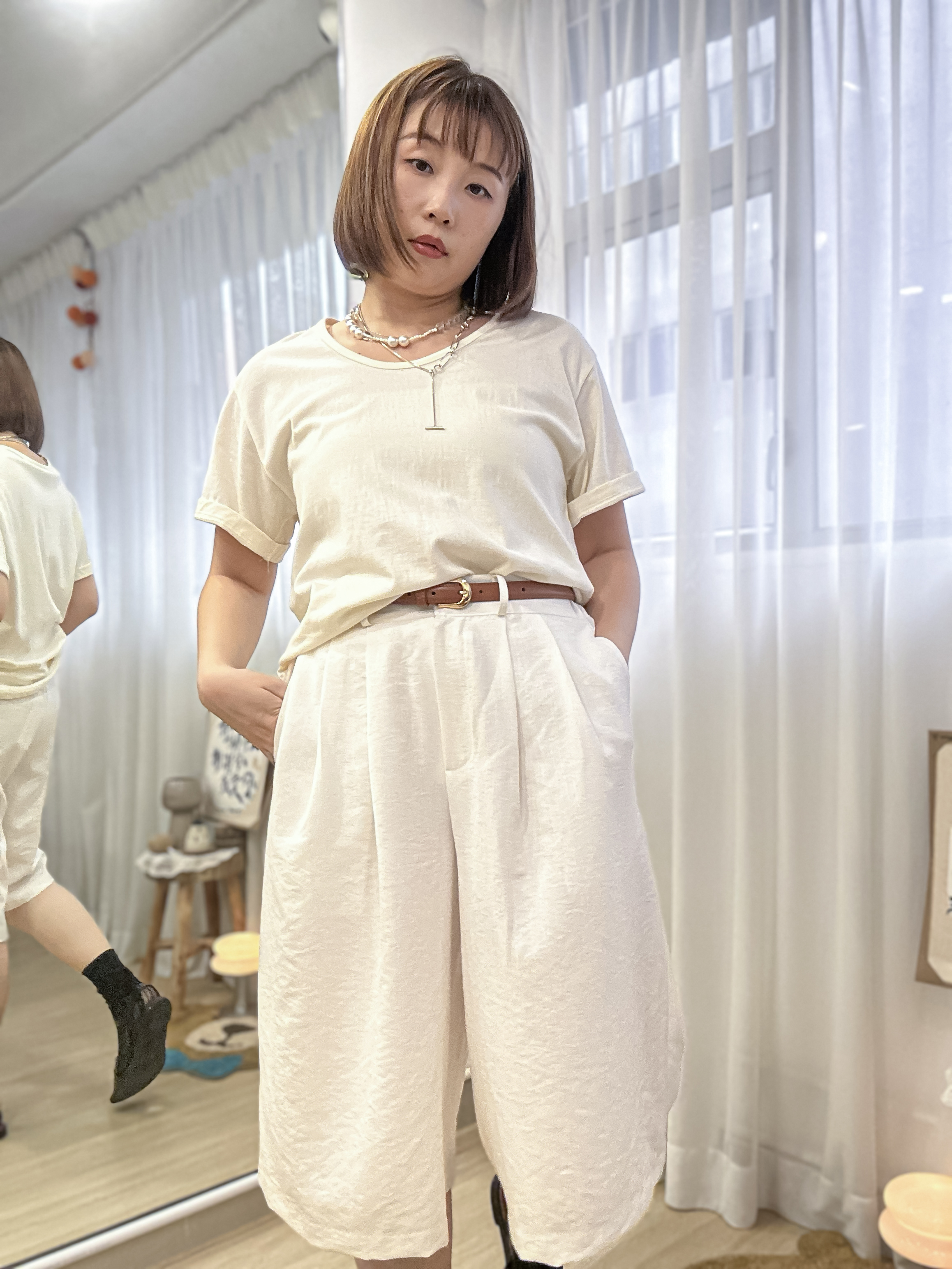 假日高級感～亞麻百慕達6分褲 MH0005 - 白色 IVORY