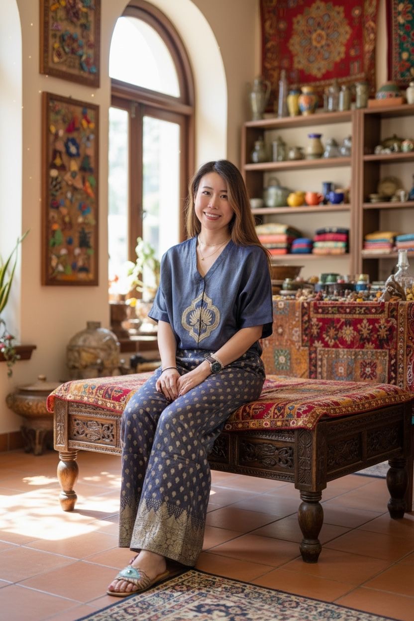 Navy Blue Chiffon Silky Gold Print sleeve top #1108