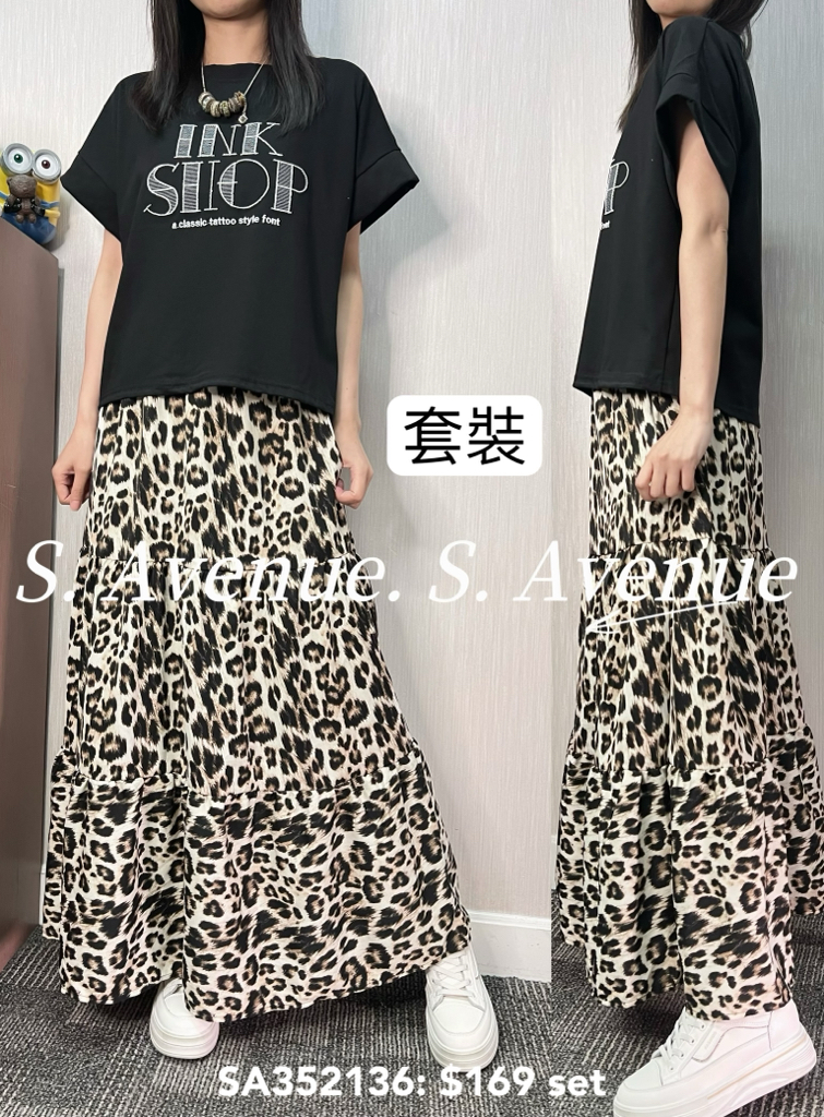 SA352136: 短袖繡英文字tee配橡根腰豹紋長裙套裝