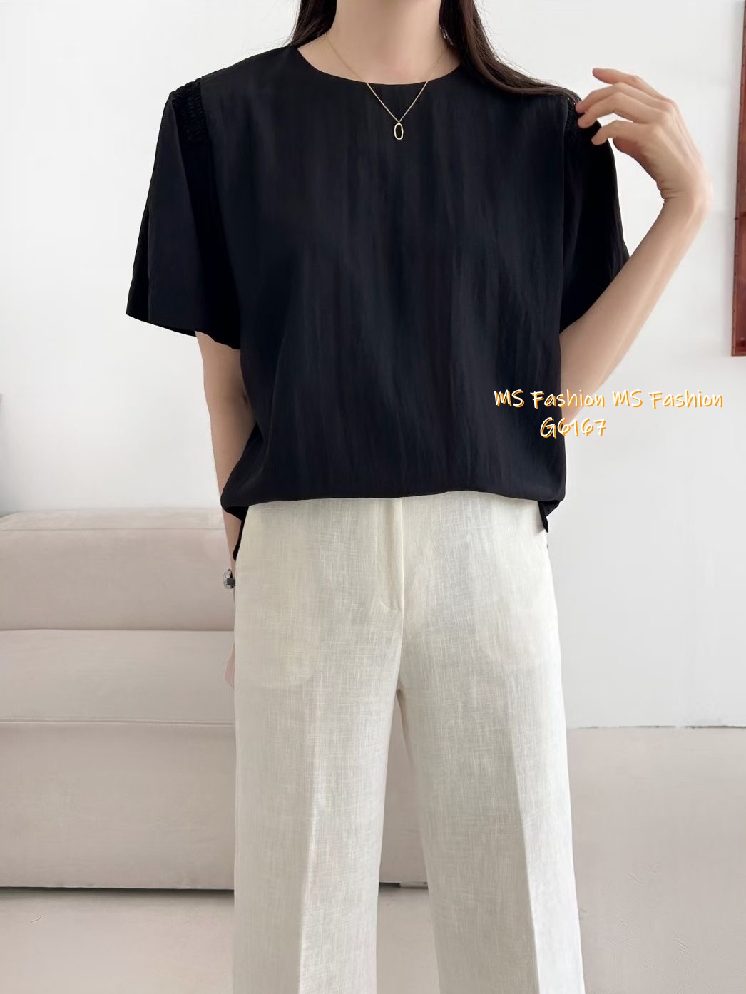 G6167 韓國🇰🇷淨色肩皺摺top