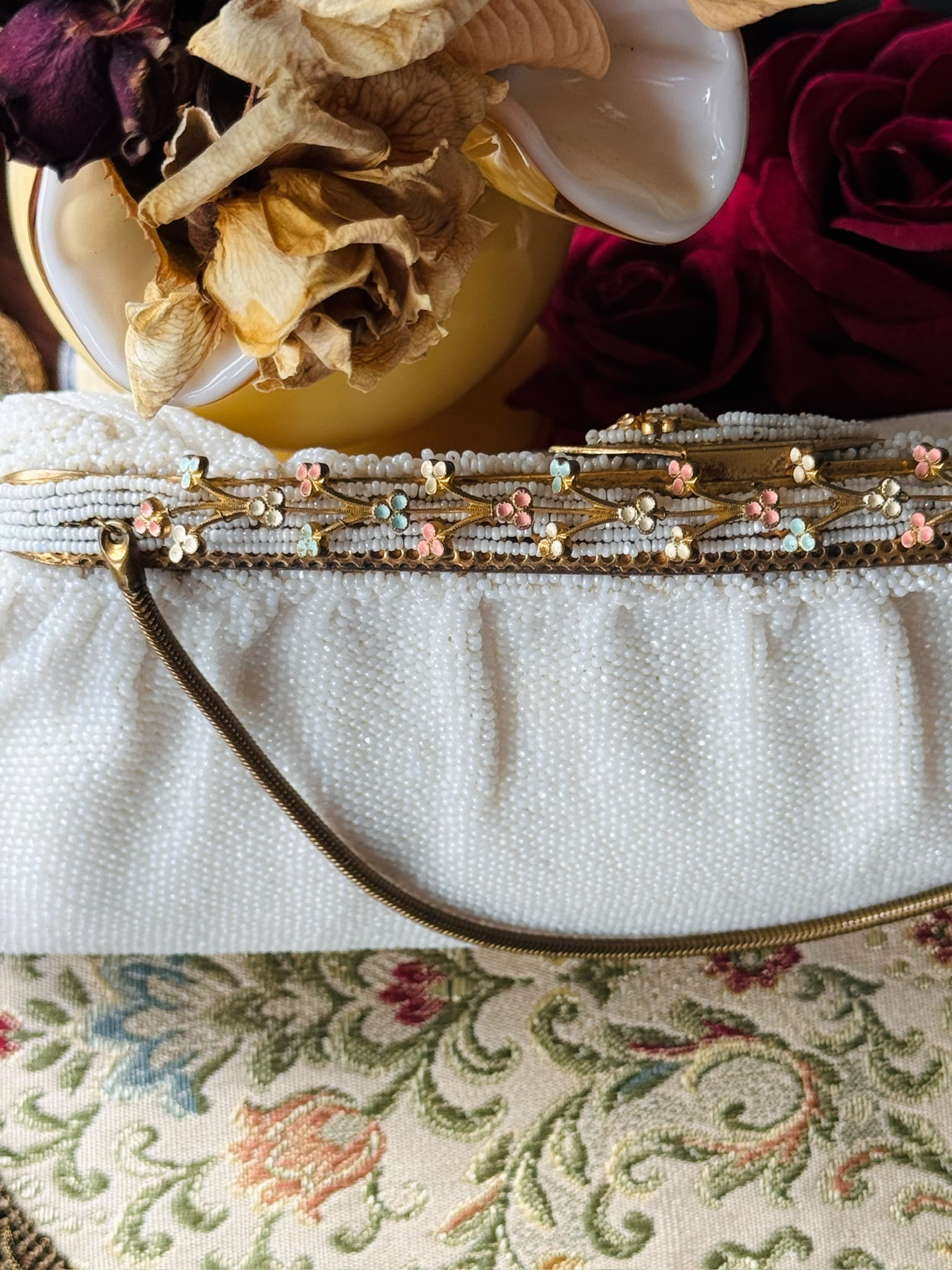 Vintage Mid-century Pastel Foliage Frame White Bead Bag- Likely Made in France (MT2647)
