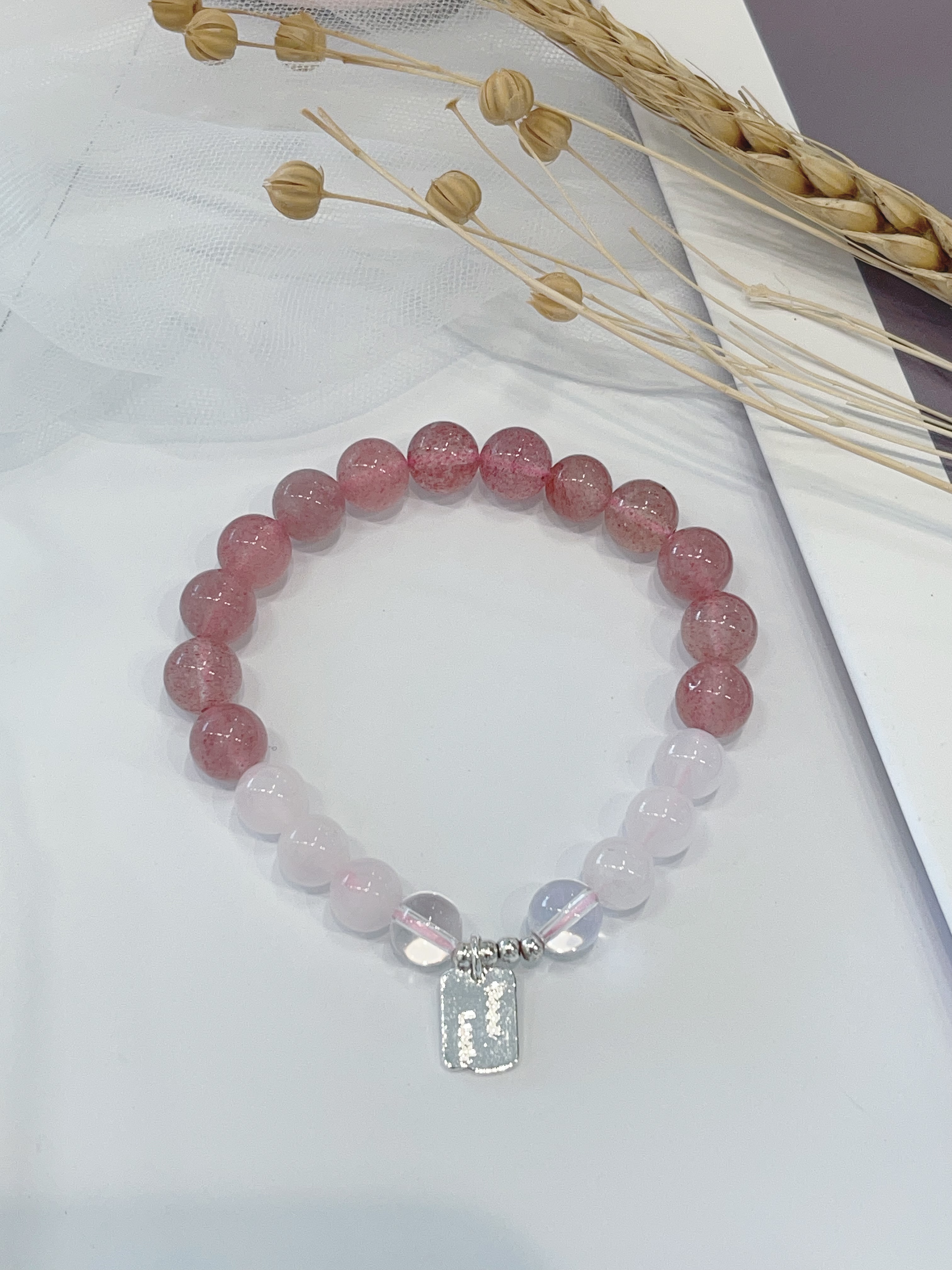 🍓 草莓晶 × 粉水晶手串 Strawberry & Rose Quartz｜9mm 对半款