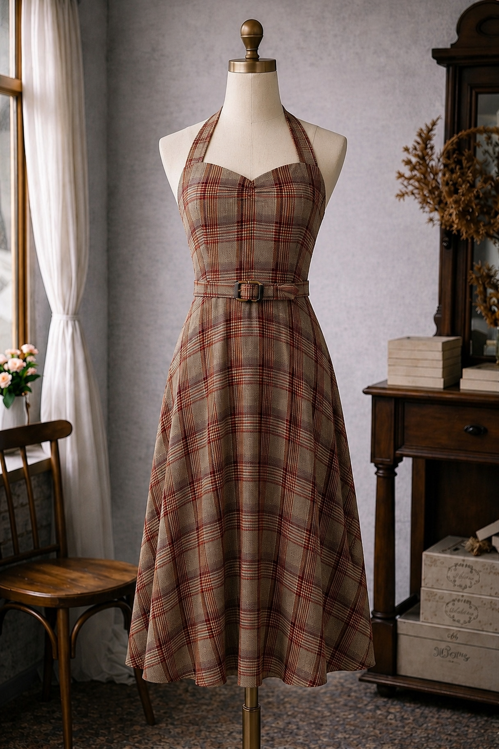 (Ready-Made) 1940s-Inspired Classy Pin Up Girl Dress - With fabric belt (FM133)