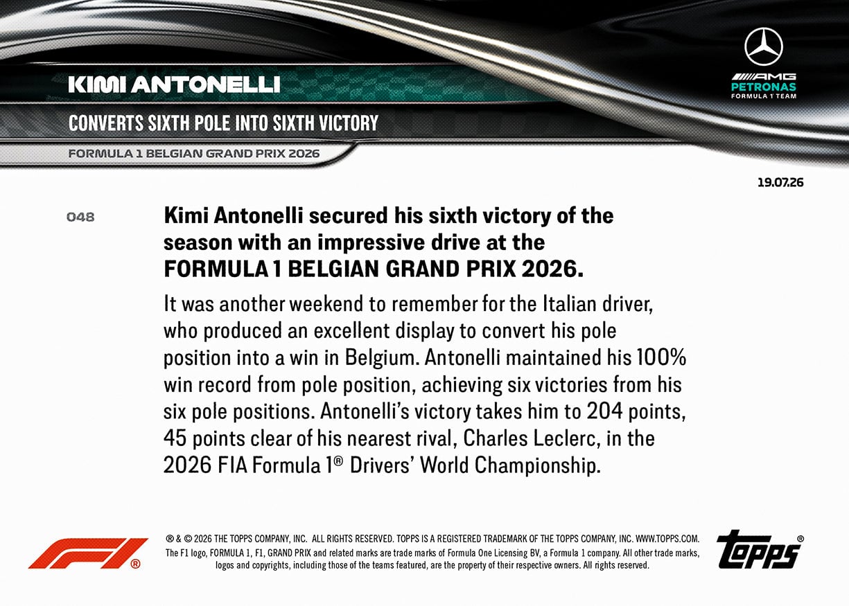Kimi Antonelli - 2026 F1 Topps Now #48 Belgian GP 贏車卡【團購】