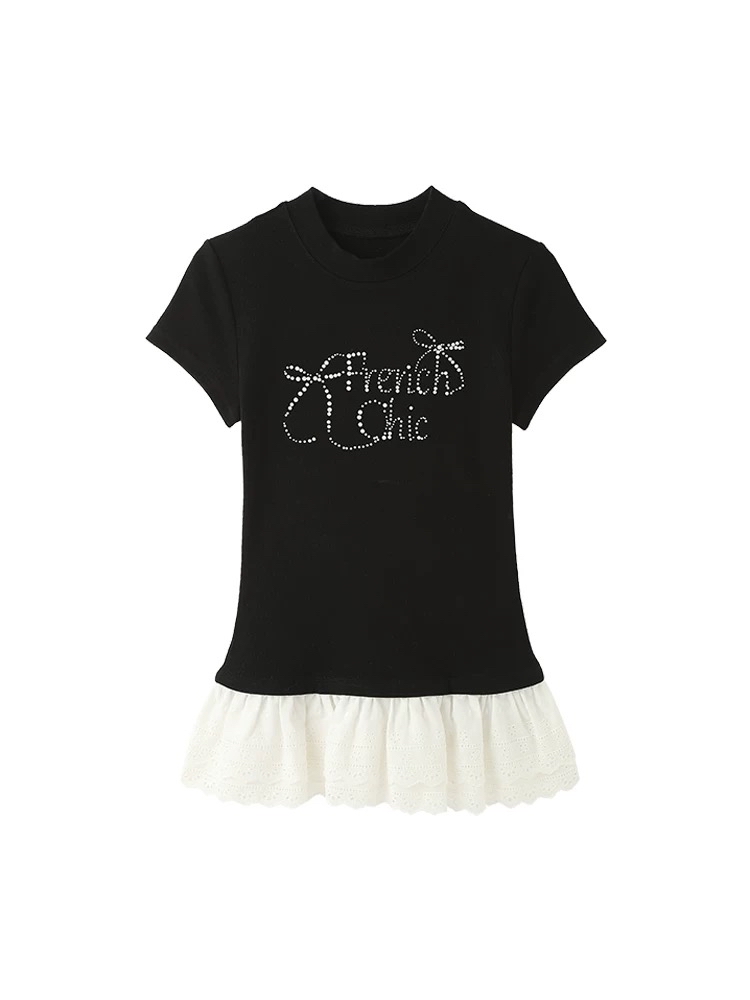 蕾丝下摆蝴蝶结烫砖花边短袖｜CN0129280BLACK