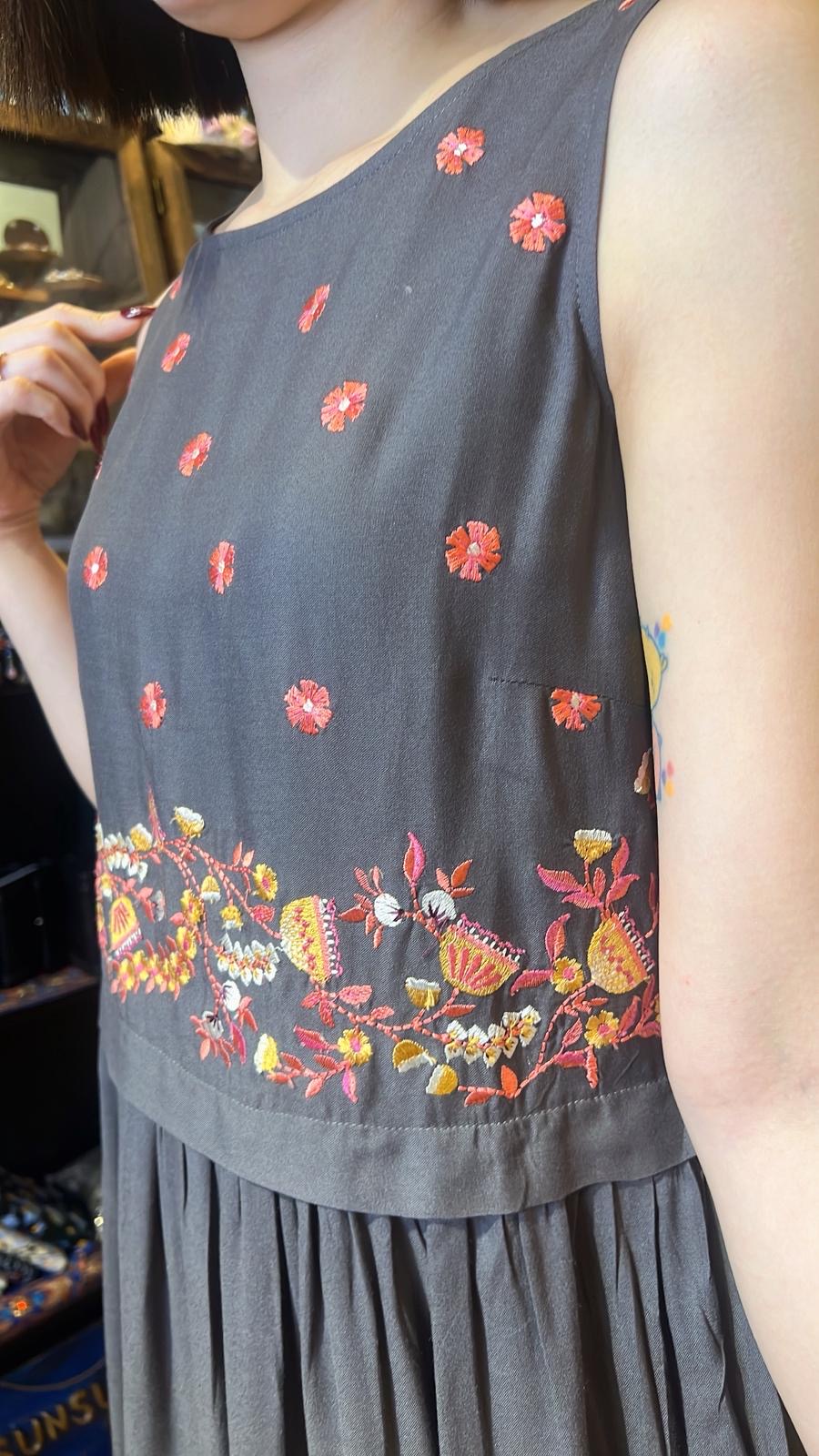 Ash Grey Simple Floral Emb. Sleeveless OP 44" #1022