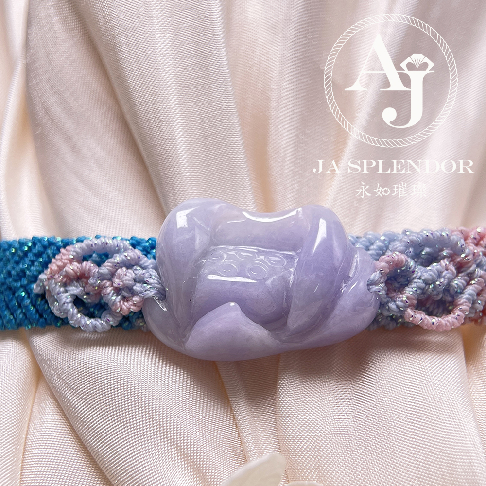 JN-3532 天然翡翠A玉- 春彩濃紫蓮花清心安神蠟繩編織手帶
