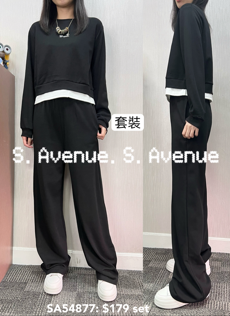 SA54877: 長袖假兩件短tee配撞色邊長褲套裝