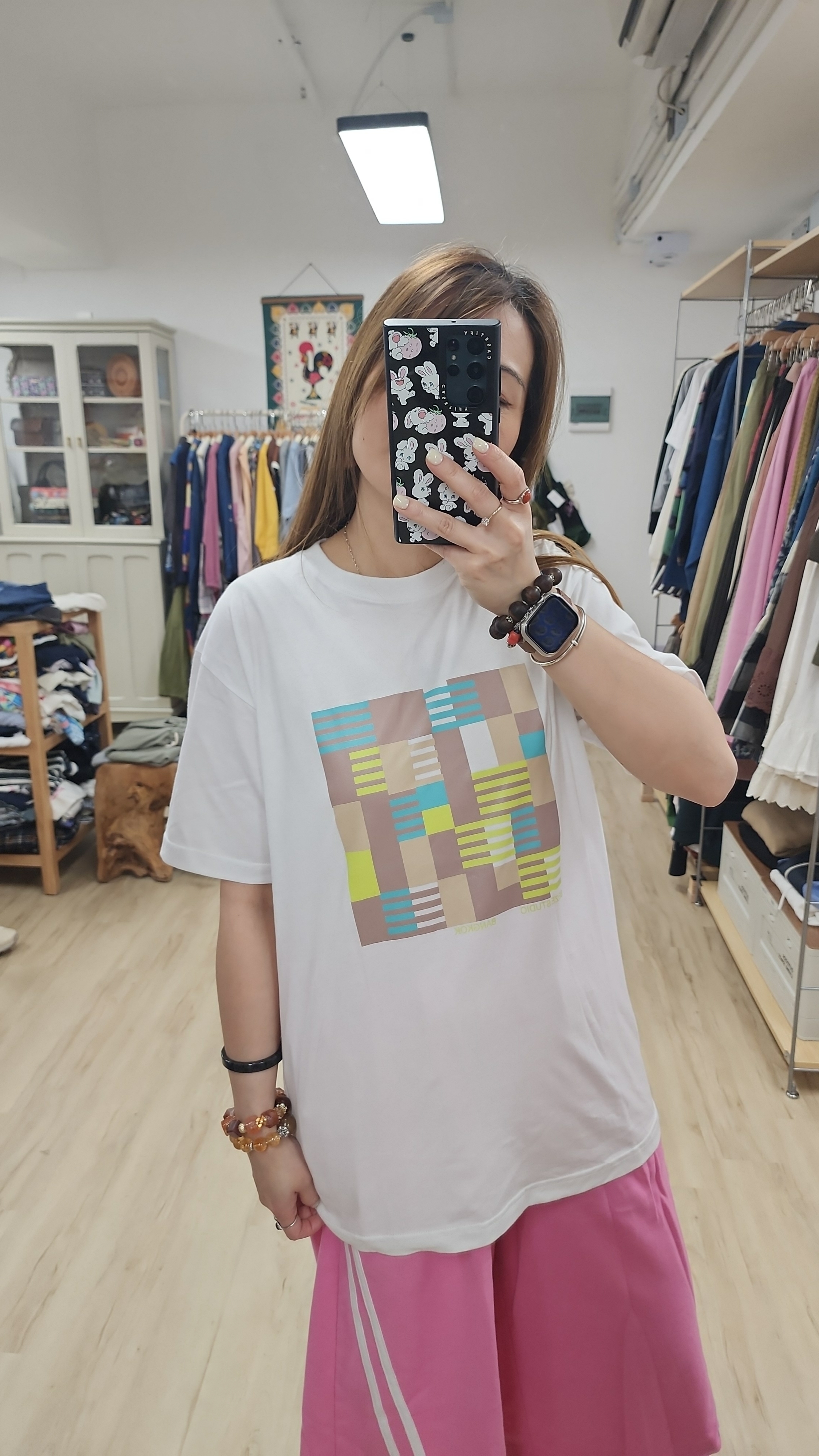 泰國白拼色方格仔印圖棉Tee